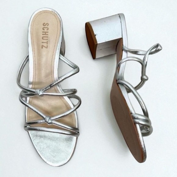Schutz Silver Strappy Design Block Heel Open Toe Sandal Leather Womens Size 8.5B - Picture 1 of 12